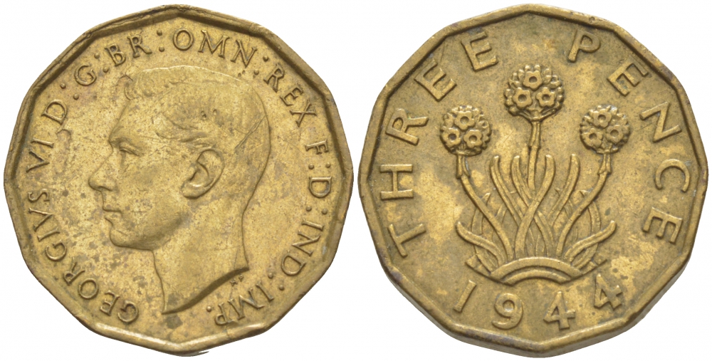 Великобритания 3 пенса 1944 Георг VI (1936-1952) KM 849, Spink 4112 никель латунь 87-425