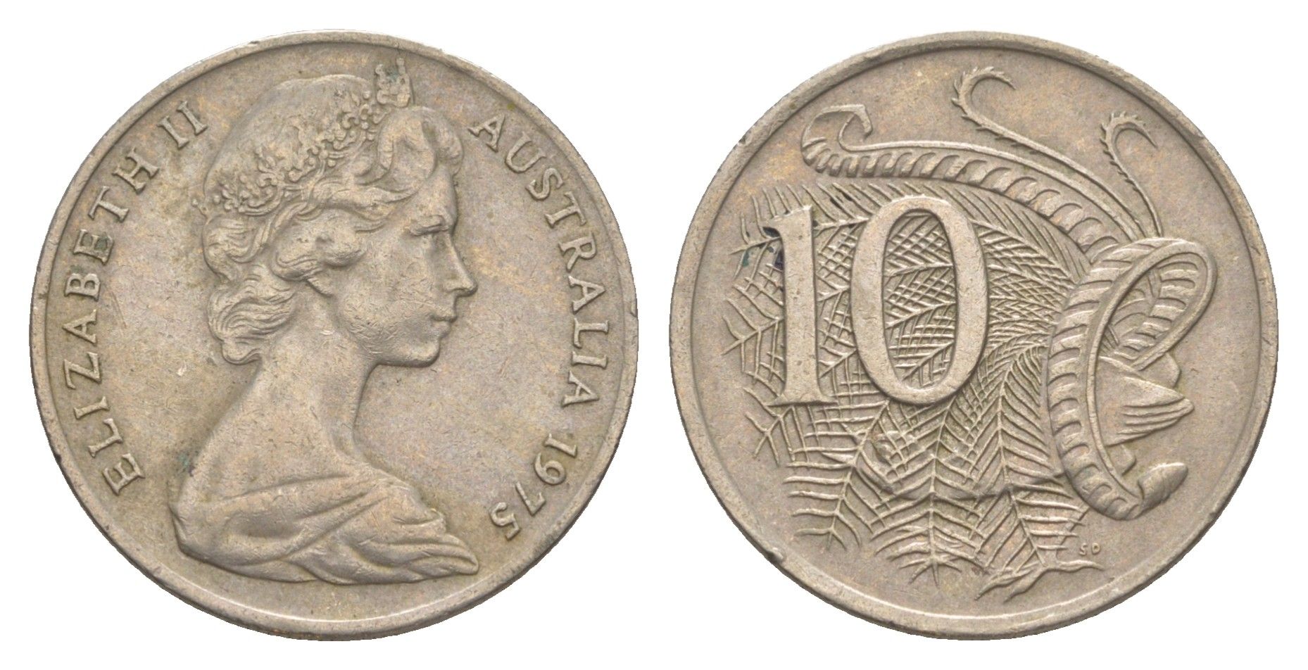 Австралия 10 центов 1975 Елизавета II (1952-2022), птица лирахвост KM 65 медно-никель 4364-417