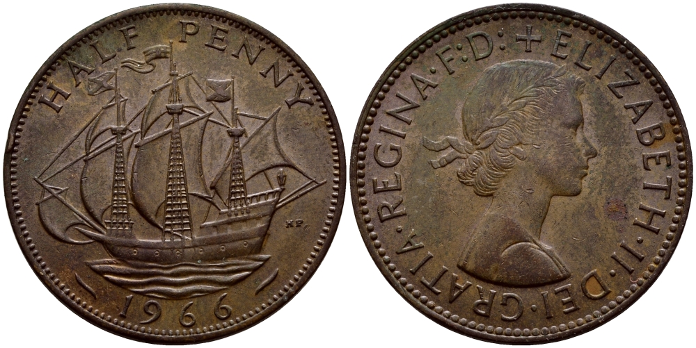 Великобритания 1/2 пенни 1966 Елизавета II (1952-2022) KM 896, Spink 4158 бронза 57-1342