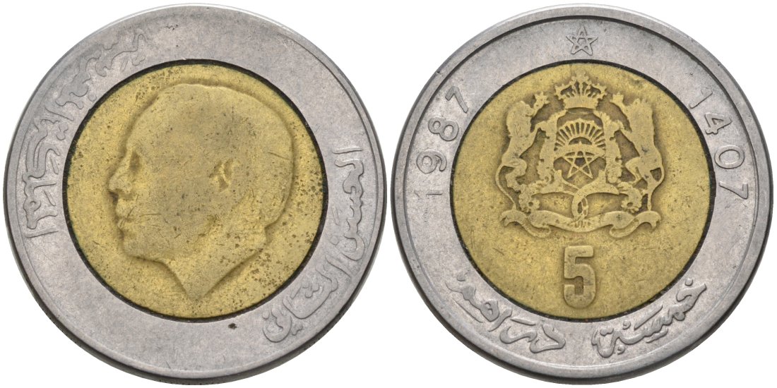 Марокко 5 дирхамОВ 1987 АН1407, ХАСАН II KM 82 биметалл 4572-831