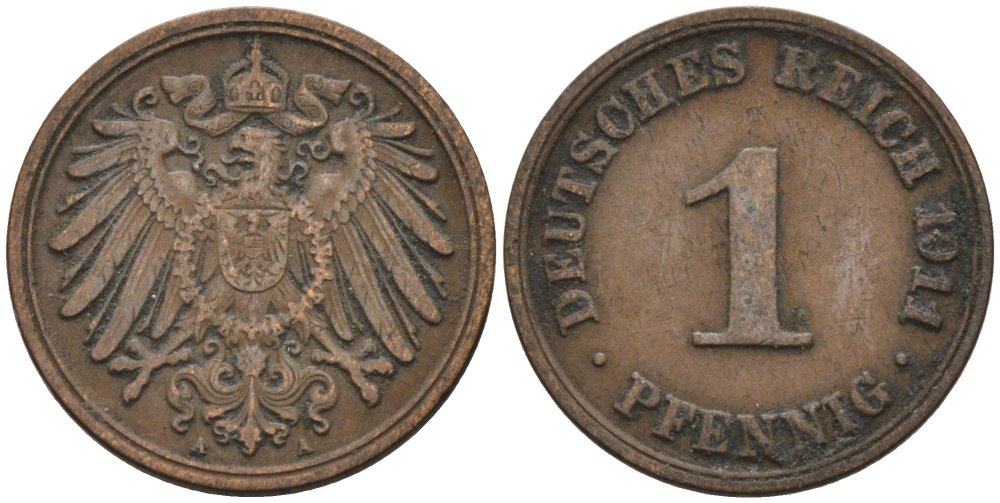 Германия 1 пфенниг 1911 A KM 10, J. 10 медь 4576-126