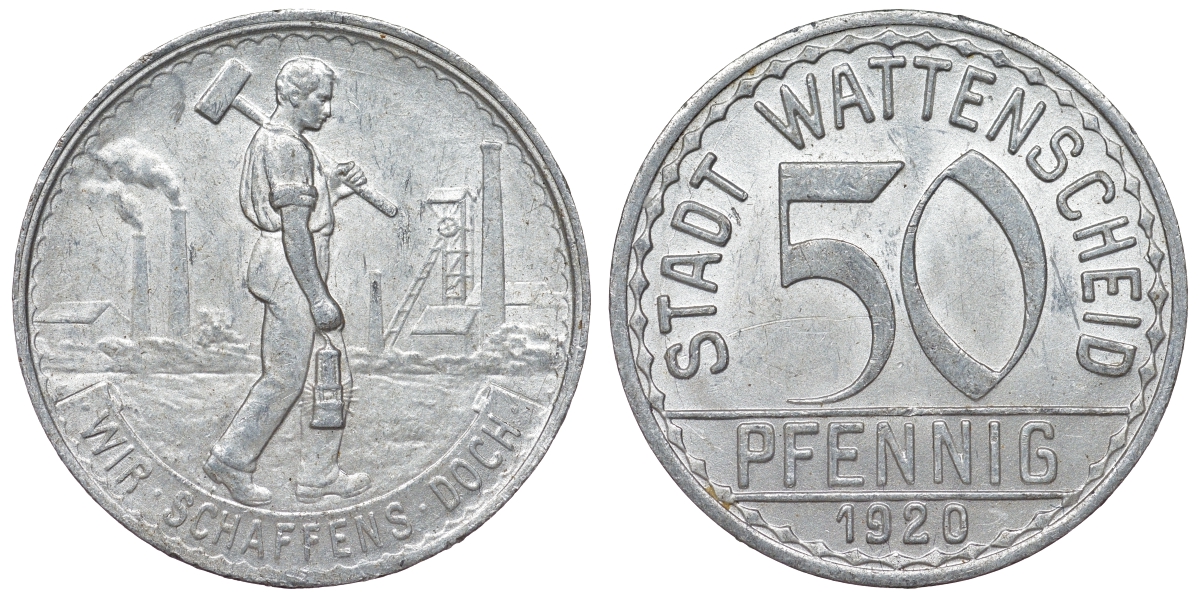 Германия, Ваттеншайд 50 пфеннигов 1920 Северный Рейн-Вестфалия, нотгельд Funck 579.10 алюминий 4121-424