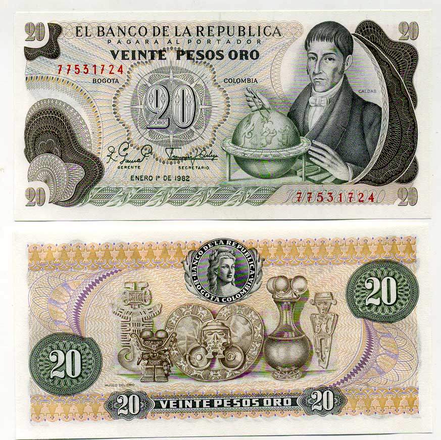 Колумбия 20 песо 1982 Франсиско Хосе де Кальдас, музей золота Pick 409d бумага UNC (пресс) 447-66-1-3