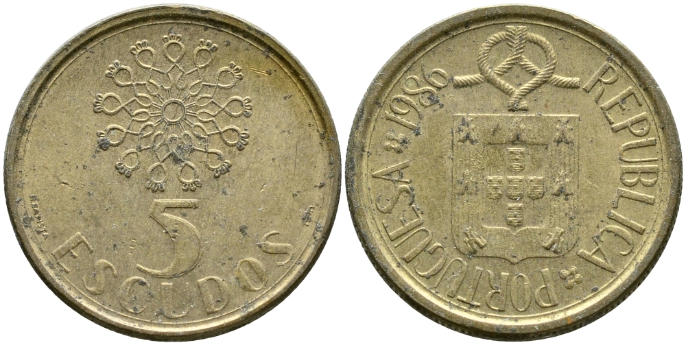 ПОРТУГАЛИЯ 5 ЭСКУДО 1986 KM 632 никель латунь 4388-454