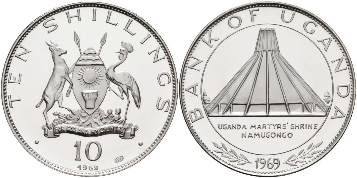 Уганда 10 шиллингов 1969 визит папы Иоанна Павла VI, тираж 6720 экз. KM 10 серебро PROOF 00-000-00