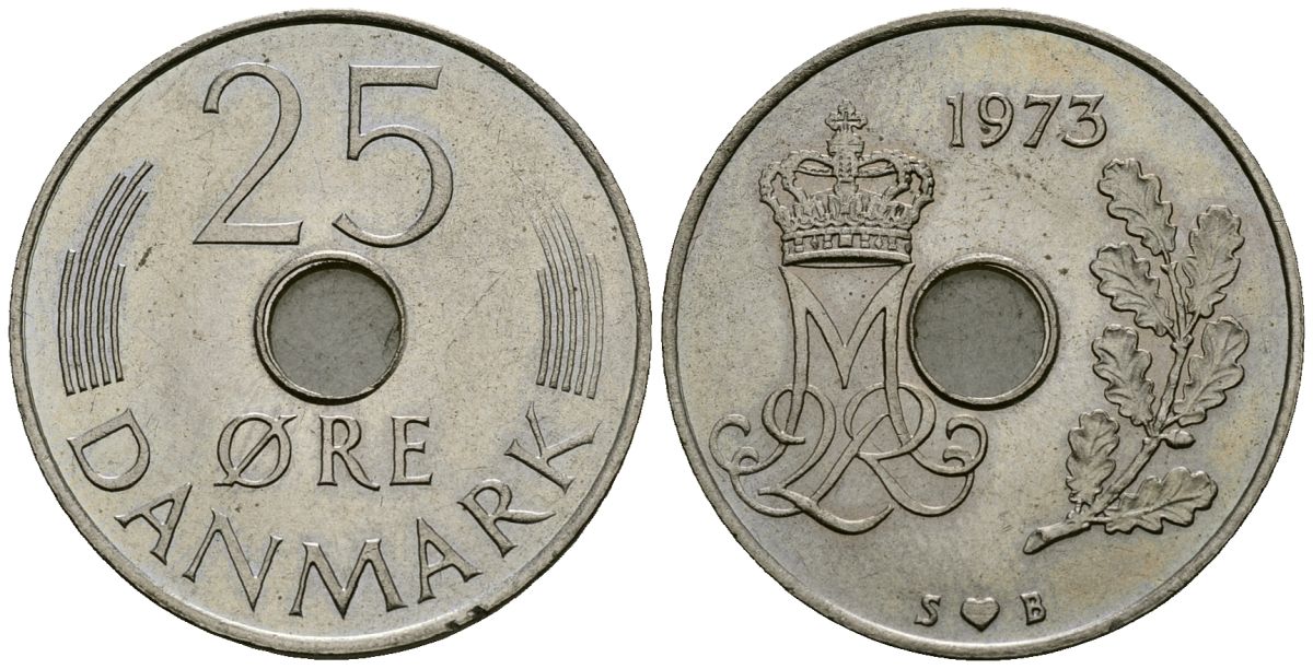 Дания 25 эре 1973 S; B, Маргрете II (1972- ) KM 861.1 медно-никель 4138-843