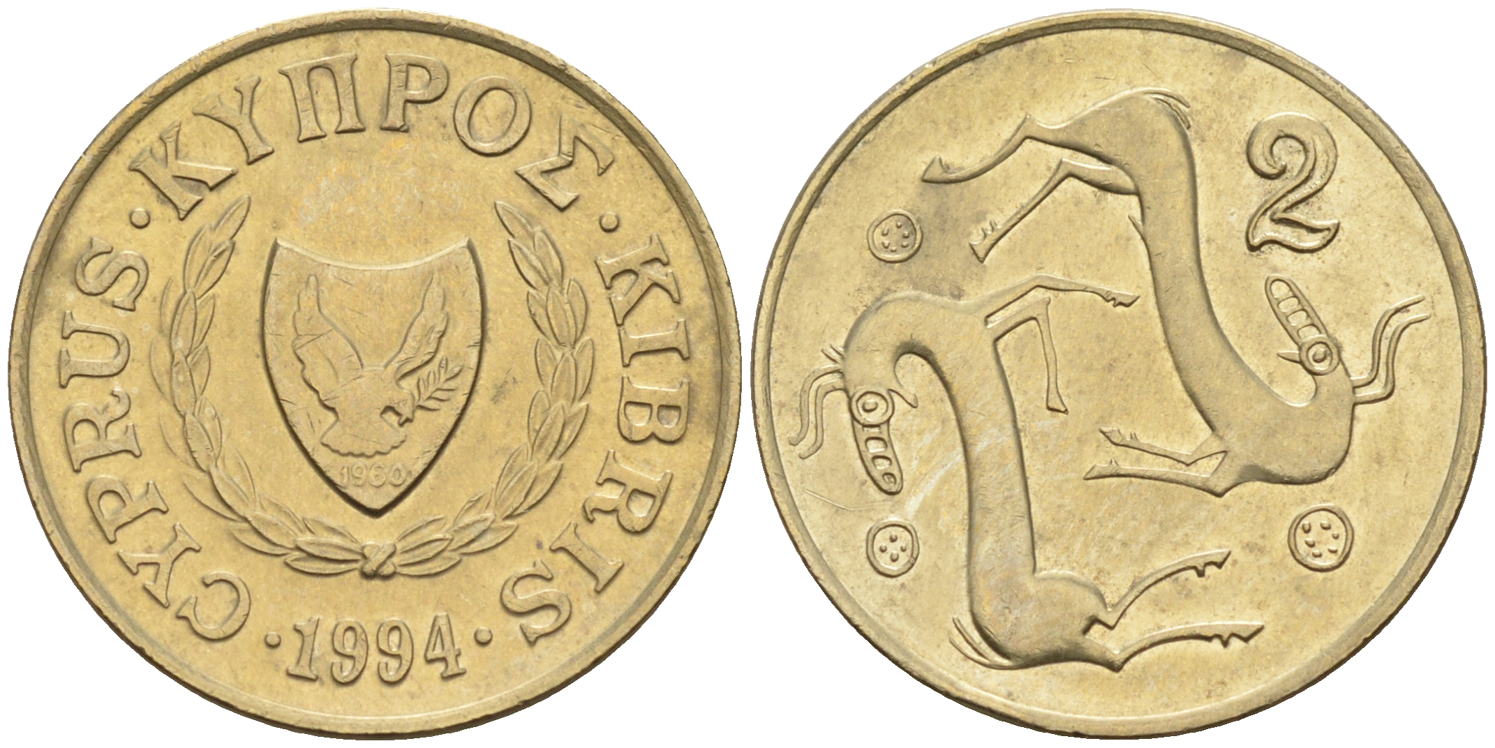 Кипр 2 цента 1994  KM 54.3 никель латунь    4115-416