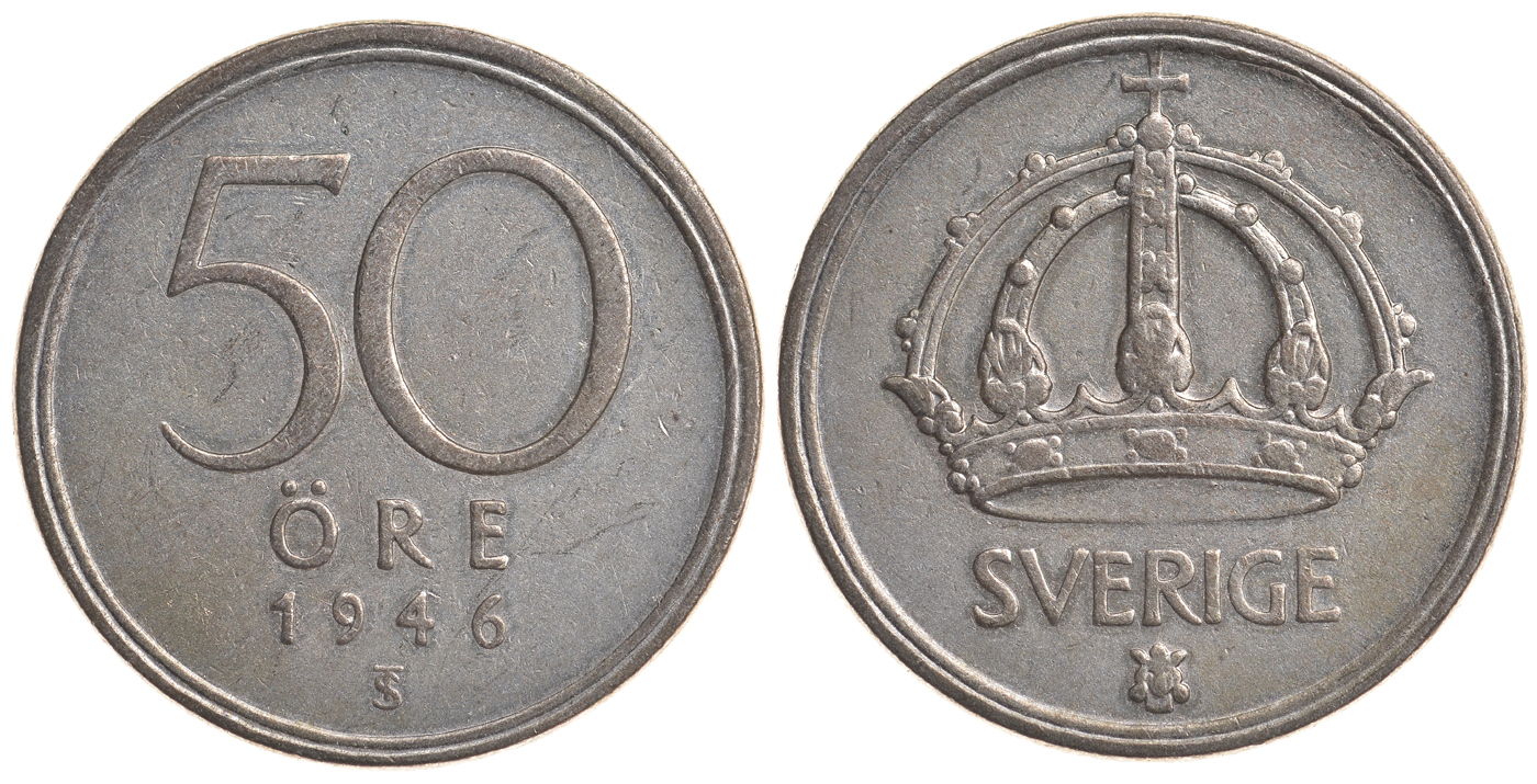 Швеция 50 эре 1946 TS, Густав V (1907-1950) KM 817 серебро 4179-955