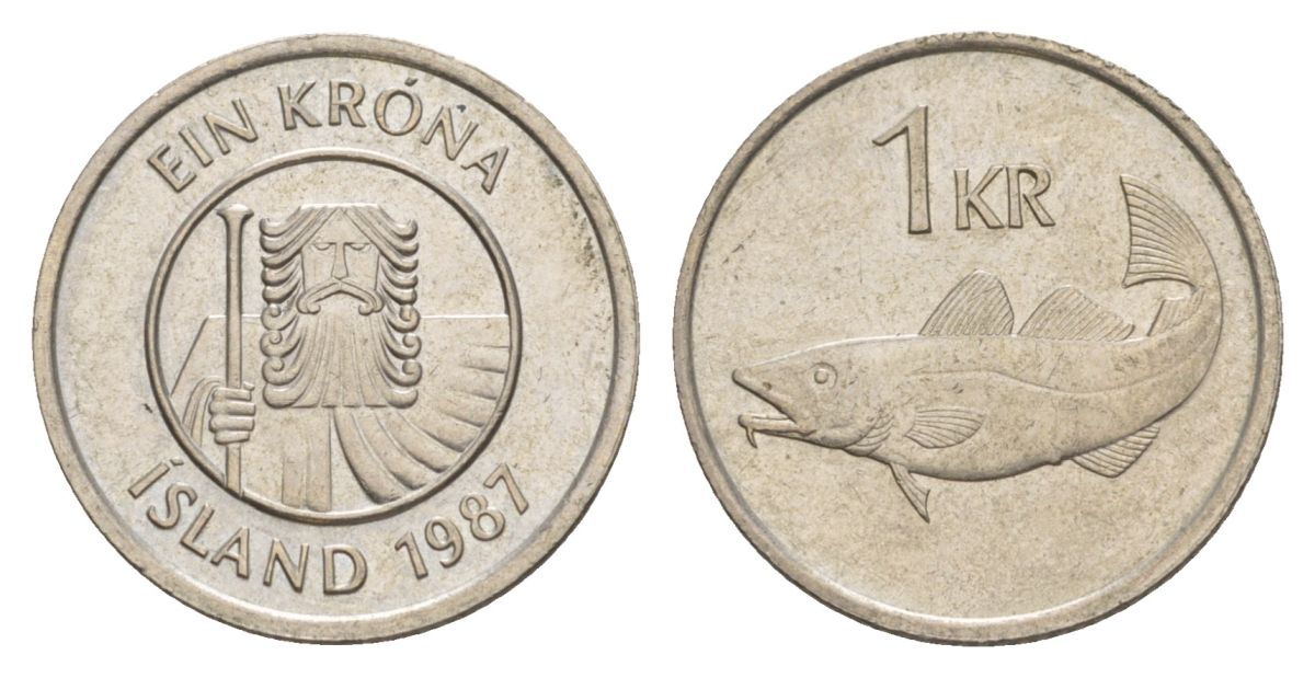 Исландия 1 крона 1987 треска KM 27 медно-никель UNC 4633-1255