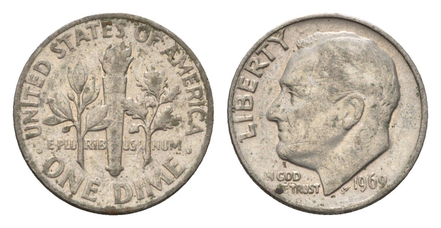 США 10 центов (дайм) 1969 Рузвельт KM 195a медь плакированная медно-никелем 4674-538