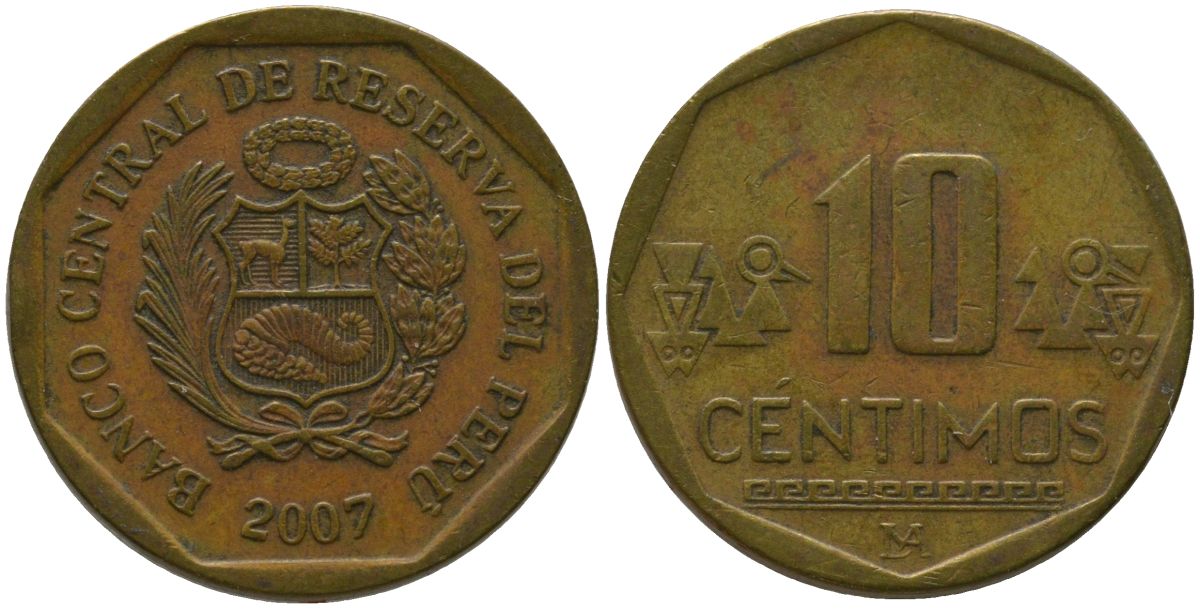 Перу 10 сентимо 2007 LIMA KM 305.4, Schon 104 латунь 4543-911