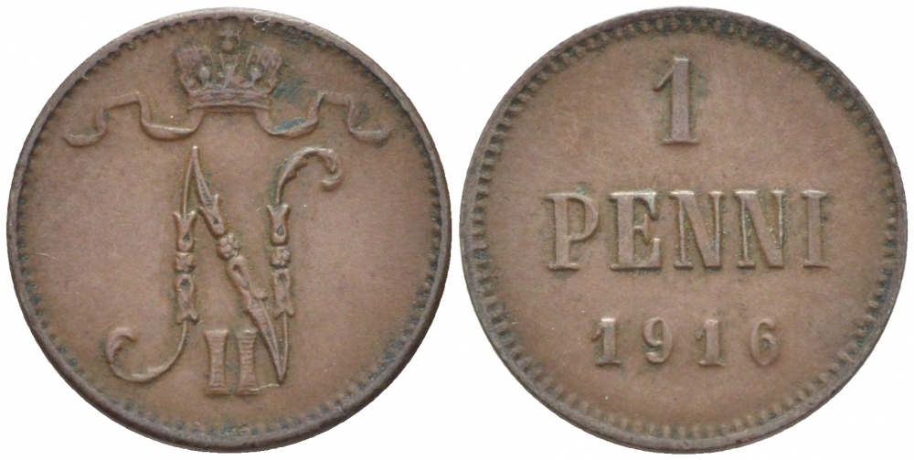 РОССИЯ ДЛЯ ФИНЛЯНДИИ 1 ПЕННИ 1916 НИКОЛАЙ II (1895-1917) KM 13, Биткин 476 медь 211-1111