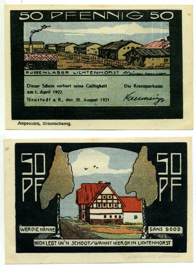 Нойштадт-на-Рубенберге 50 пфеннигов 1922 20 августа 1921 - 1 апреля 1922, нотгельд (номер 5, RUSSNLANDER LICHTENHOST), земля Нижняя Саксония Grabowski 966.1 бумага 2195-46-1-1