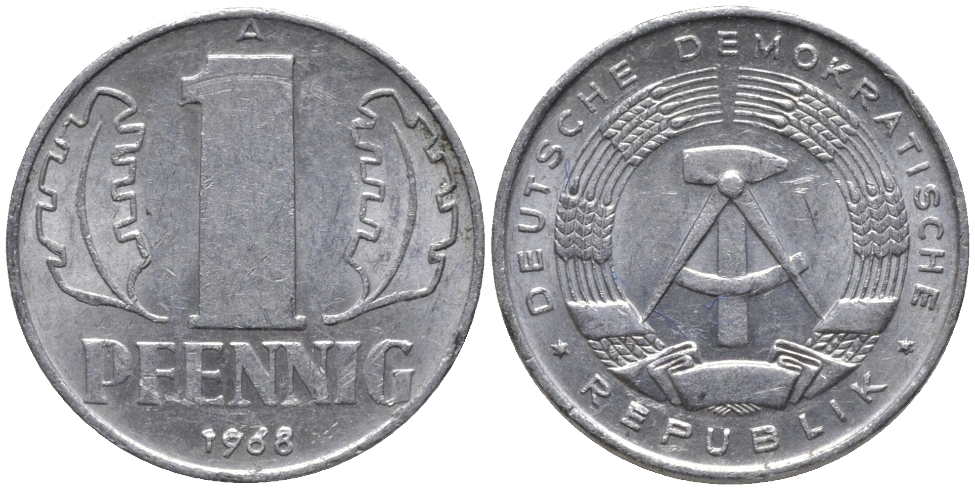 ГДР 1 ПФЕННИГ 1968 А KM 8.1 алюминий 4532-1026