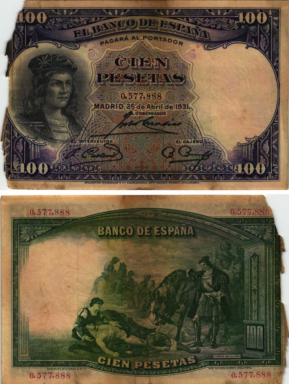 Испания 100 песет 1931 Гонсало Фернандес де Кордова, картина Касадо дель Алисаль Pick 83 бумага 8609-39-1