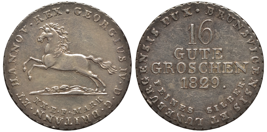 Брауншвейг-Каленберг-Ганновер 16 гутергрошенов 1829 король Георг IV (1820-1830) J 23 h, AKS 38 серебро  aUNC  11-119-23