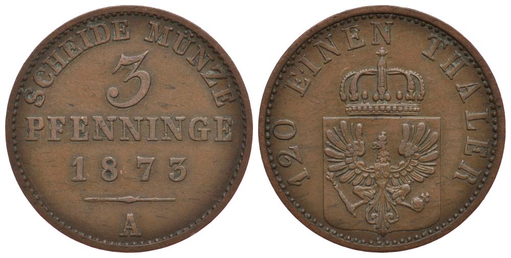ПРУССИЯ 3 ПФЕННИГА 1873 A KM 482 медь 186-613