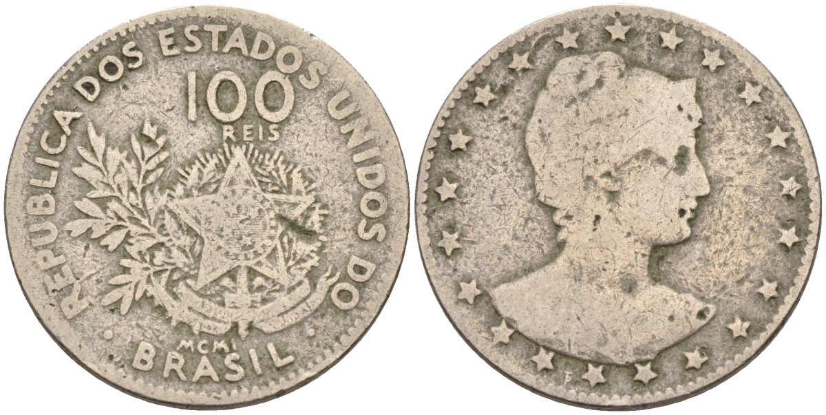 Бразилия 100 рейс 1901 голова свободы вправо KM 503 медно-никель 4589-1027