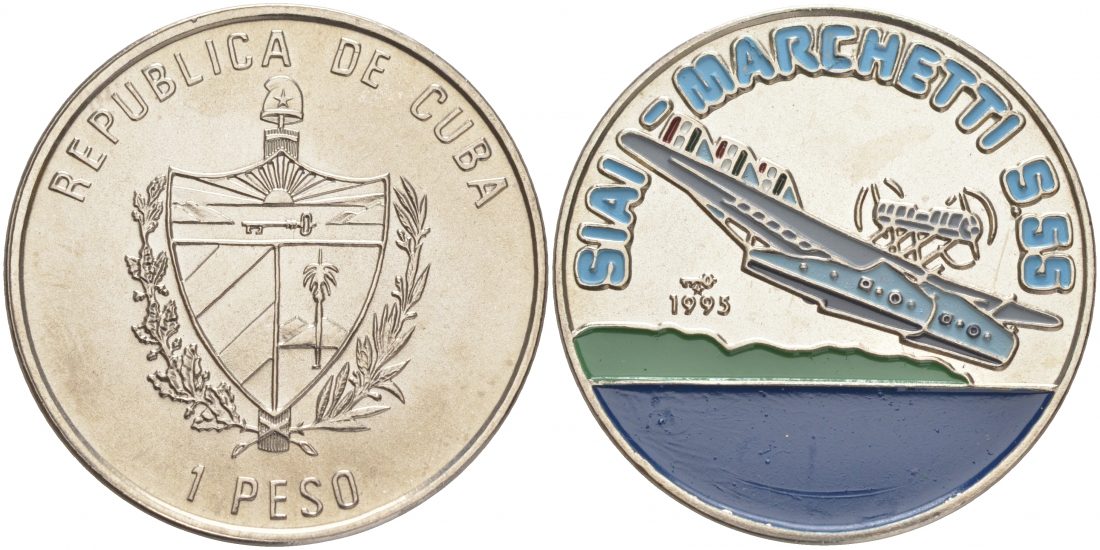 Куба 1 песо 1995 серия самолеты, Савои Марчетти S 55 (SAVOIA MARCHETTI S-55), цветная эмаль KM 522 никелированная сталь UNC M27-05