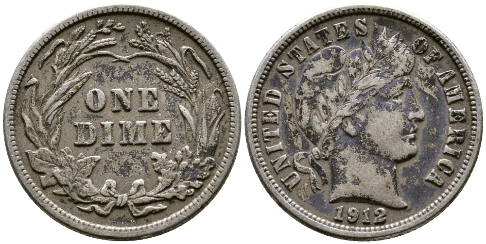 США 10 центов (дайм) 1912 тип Барбер (Barber) KM 113 серебро 46-561