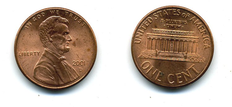 США 1 ЦЕНТ 2001 D KM 201b цинк плакированный медью 46-1114