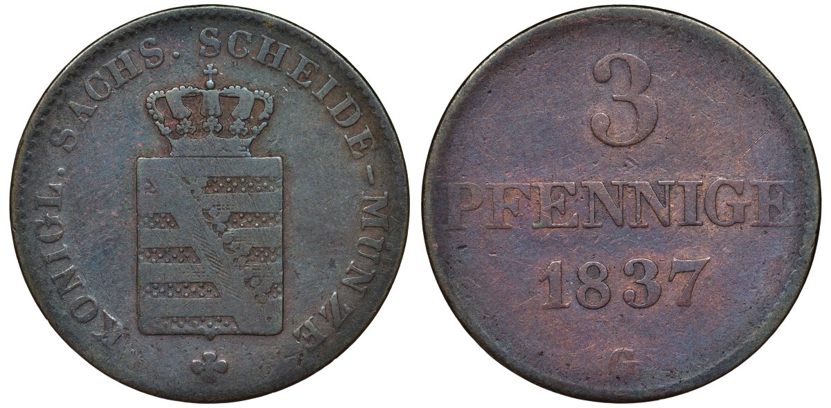 Саксония 3 пфеннига 1837 G KM 1136 медь 51-2456