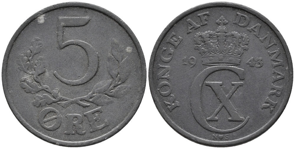 ДАНИЯ 5 ЭРЕ 1943 N; S, КРИСТИАН X (1912-1947) KM 834a цинк 32-1035