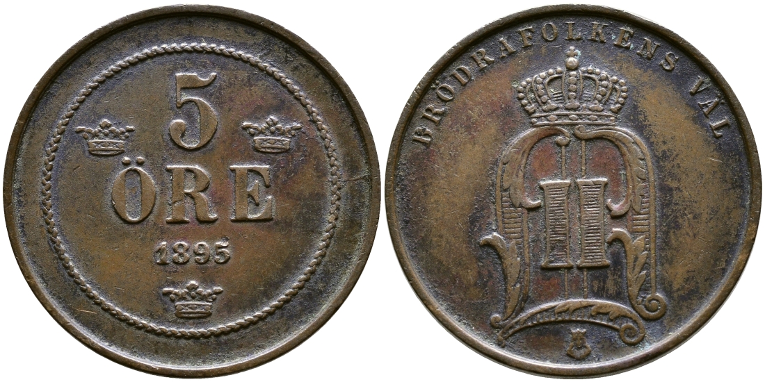 Швеция 5 эре 1895 Оскар II (1872-1907) король Швеции и Норвегии KM 757 бронза 259-611