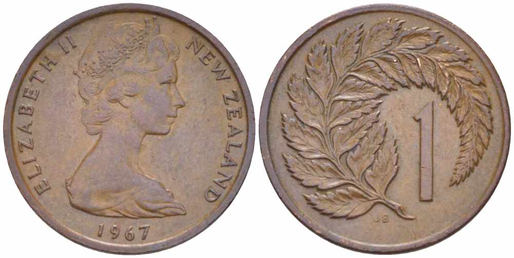 Новая Зеландия 1 цент 1967 Елизавета II (1952-2022), лист папоротника KM 31.1 бронза 105-544