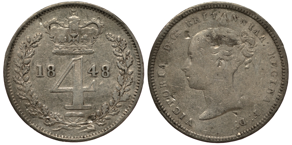 Великобритания 4 пенса 1848 Виктория (1837-1901) KM 732, Spink 3916 серебро 1515-2233