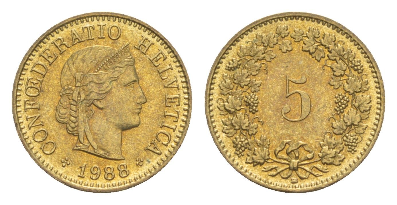 Швейцария 5 раппенов 1988 B KM 26c алюминиевая бронза 4532-713