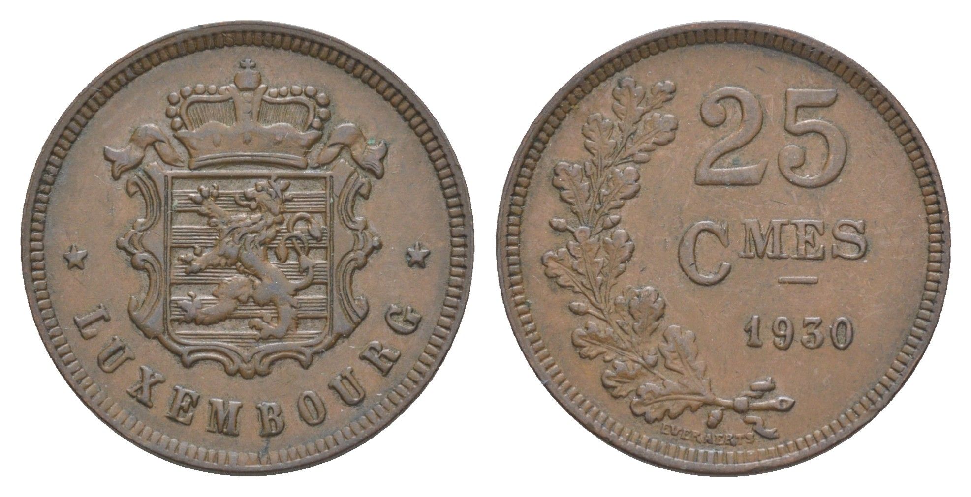 Люксембург 25 сантимов 1930 Шарлотта (1918-1964) KM 42 бронза 4566-434