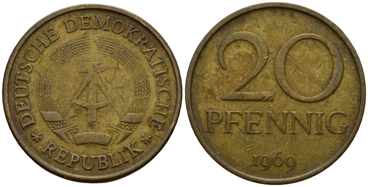 ГДР 20 пфеннигов 1969 A, первый год KM 11 латунь 4601-531