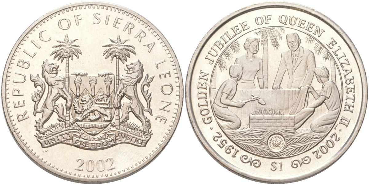 Сьерра-Леоне 1 доллар 2002 50 лет правлению Королевы Елизаветы II - Елизавета II, принц Филипп и кузнецы KM 268 медно-никель BU 4368-1121