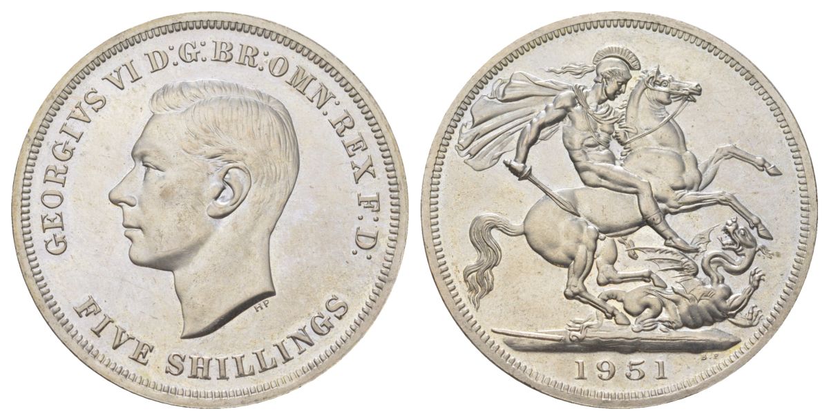 Великобритания 1 крона (5 шиллингов) 1951 Георг VI (1936-1952), фестиваль Британии, Георгий Победоносец KM 880, Spink 4111 медно-никель UNC 00-1067-9-64