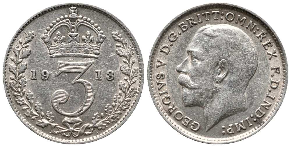 Великобритания 3 пенса 1913 Георг V (1910-1936) KM 813, Spink 4015 серебро 214-136