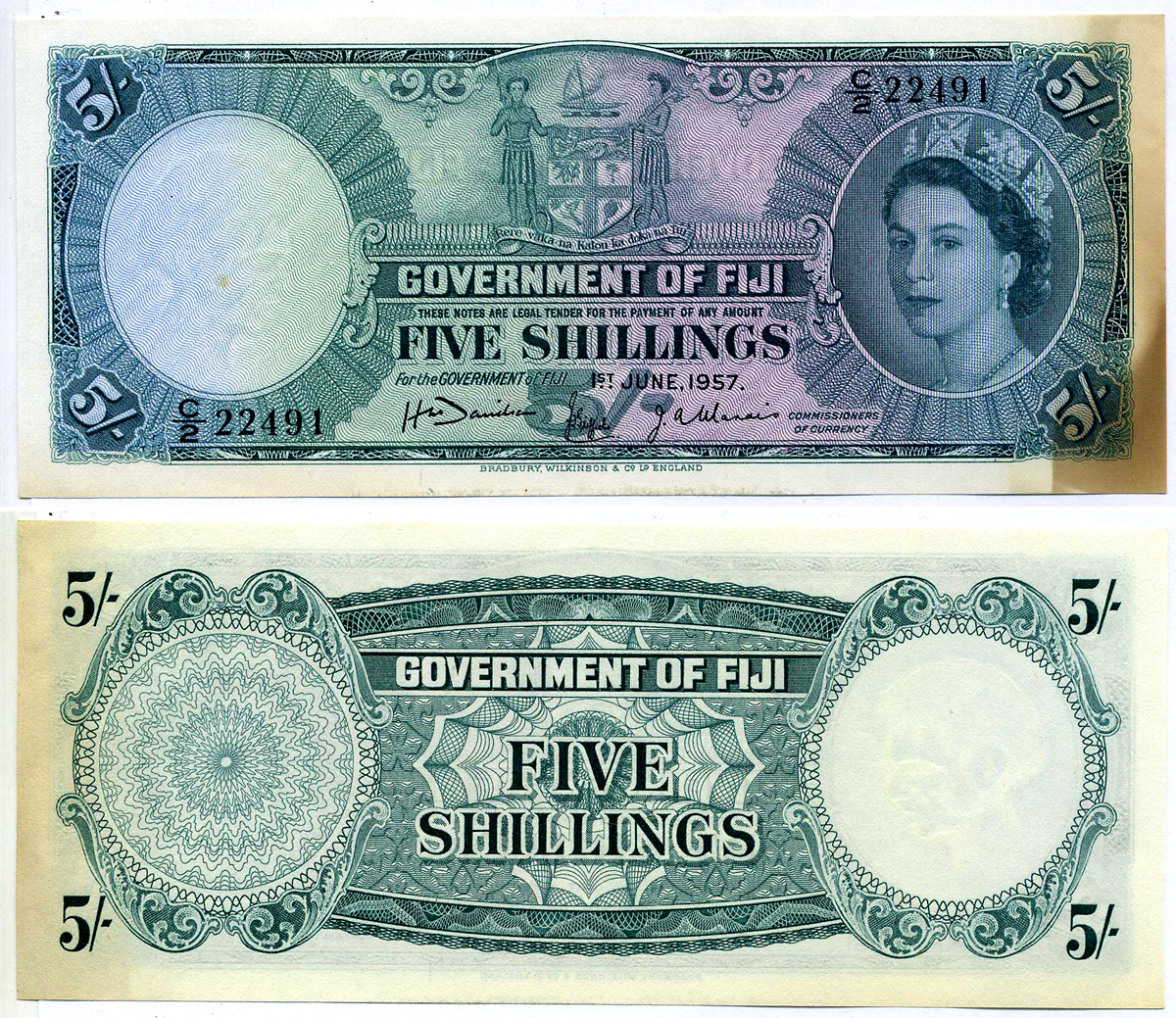 Фиджи 5 шиллингов 1957 1 ИЮНЯ 1957, Елизавета II Pick 51а бумага XF-UNC 00-00