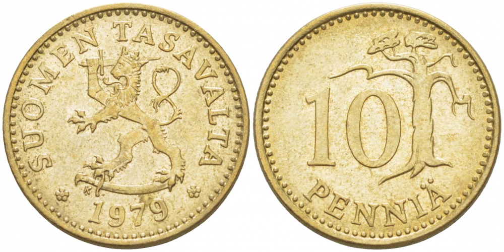 ФИНЛЯНДИЯ 10 ПЕННИ 1979 K KM 46 алюминиевая бронза UNC 3718-132