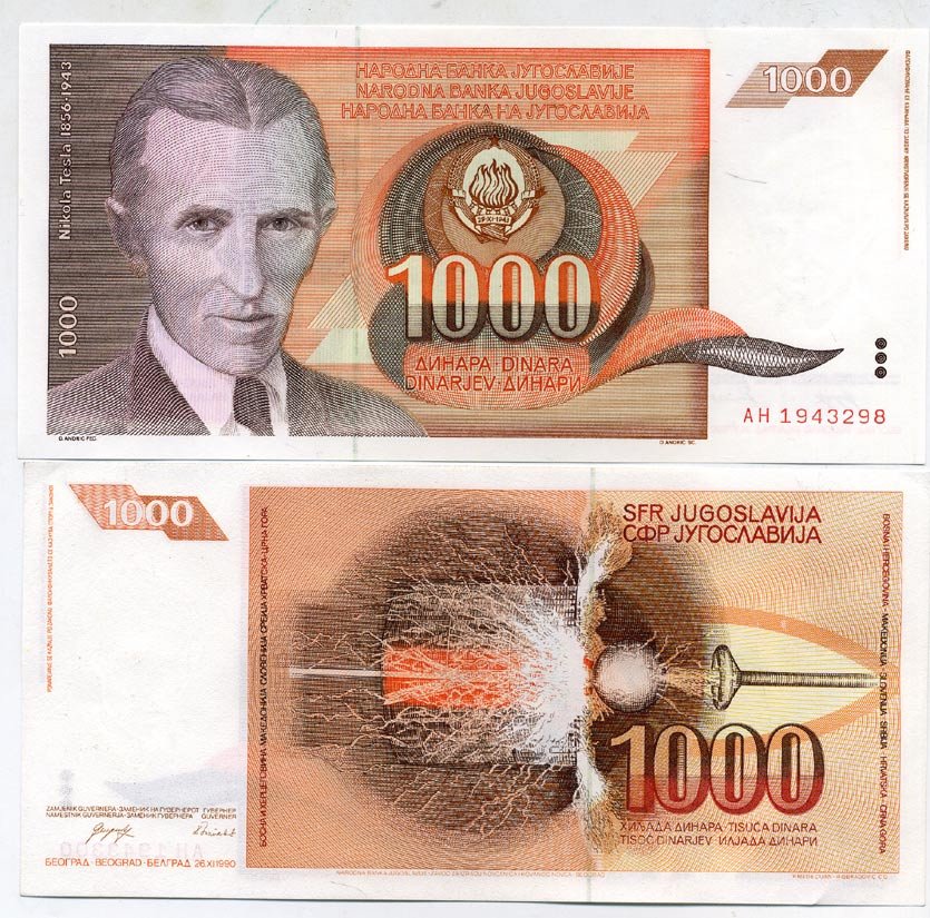 Югославия 1000 динаров 1990 Никола Тесла (1856-1943), высокочастотный трансформатор Pick 107 бумага UNC (пресс) 450-124-6-1