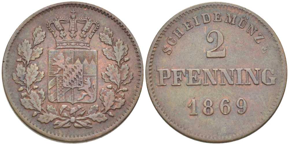 Бавария 2 пфеннига 1869 Людвиг II (1864-1886) KM 478 медь 202-253