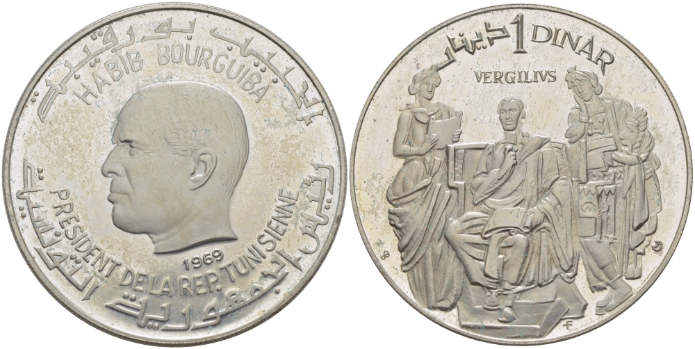 Тунис 1 динар 1969 Хабиб Бургиба, Римский поэт Виргилий KM 295 серебро PROOF 11-182-14