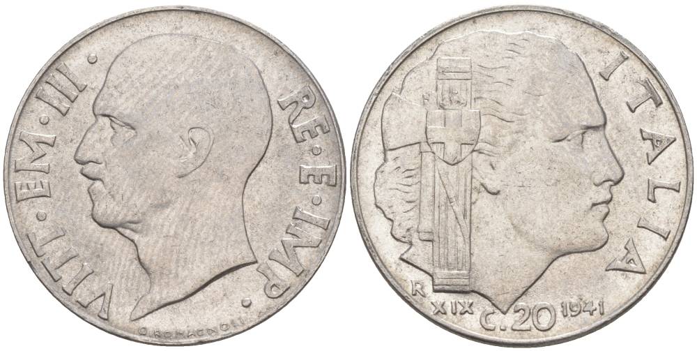 ИТАЛИЯ 20 ЧЕНТЕЗИМО 1941 R, ГОД XIX, ВИКТОР ЭММАНУИЛ III (1900-1946) KM 75b, VEM3. 1028 нержавеющая сталь 3853-1133