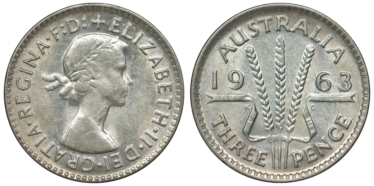 Австралия 3 пенса 1963 m, Елизавета II (1952-2022) KM 57 серебро 71-929