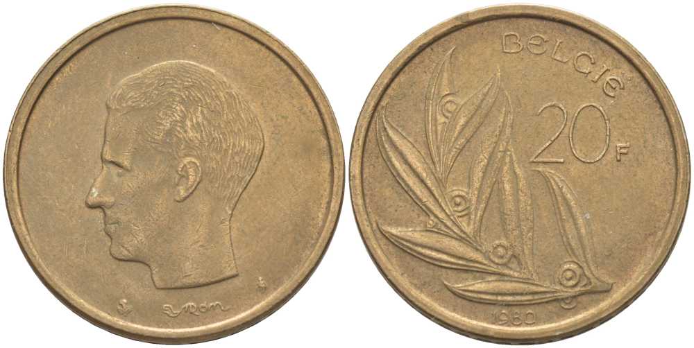БЕЛЬГИЯ 20 ФРАНКОВ 1980 BELGIE, БОДУЭН I (1951-1993) KM 160 никель бронза 115-722