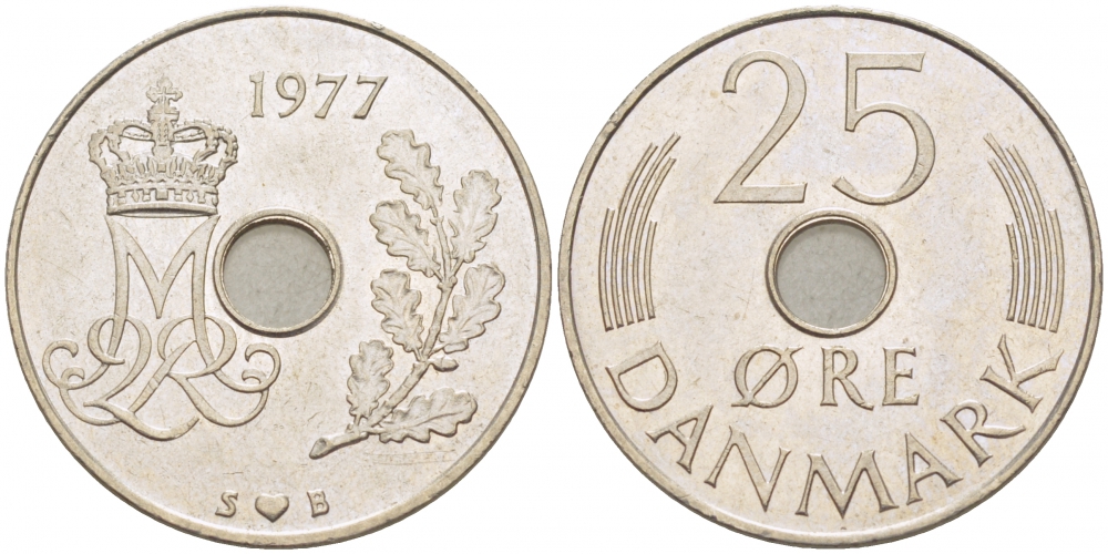 ДАНИЯ 25 ЭРЕ 1977 S; B, МАРГРЕТЕ II (1972-) KM 861.1 медно-никель 3996-936