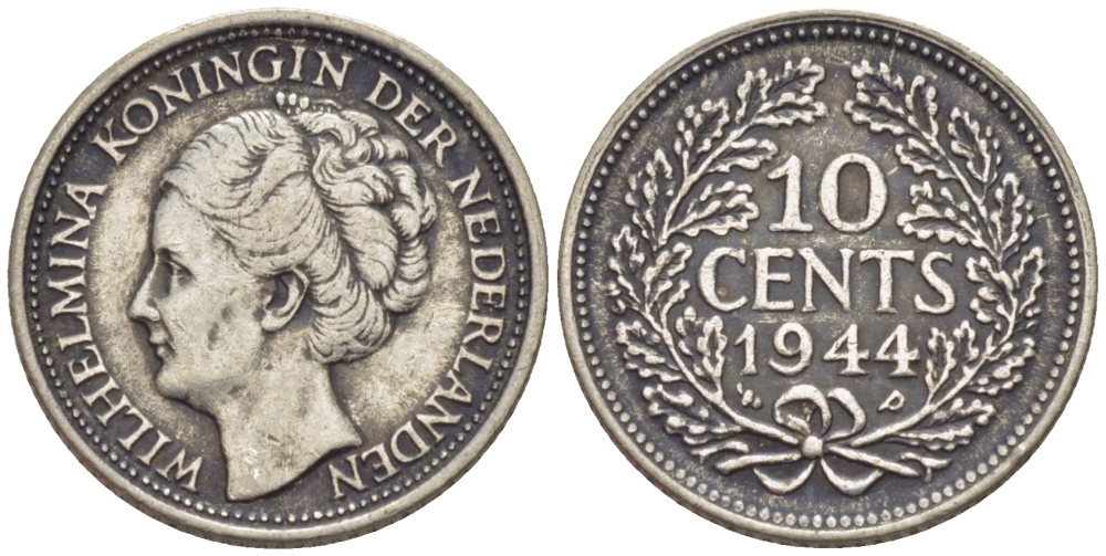 Нидерланды 10 центов 1944 Вильгельмина (1890-1948) KM 163 серебро 66-1235