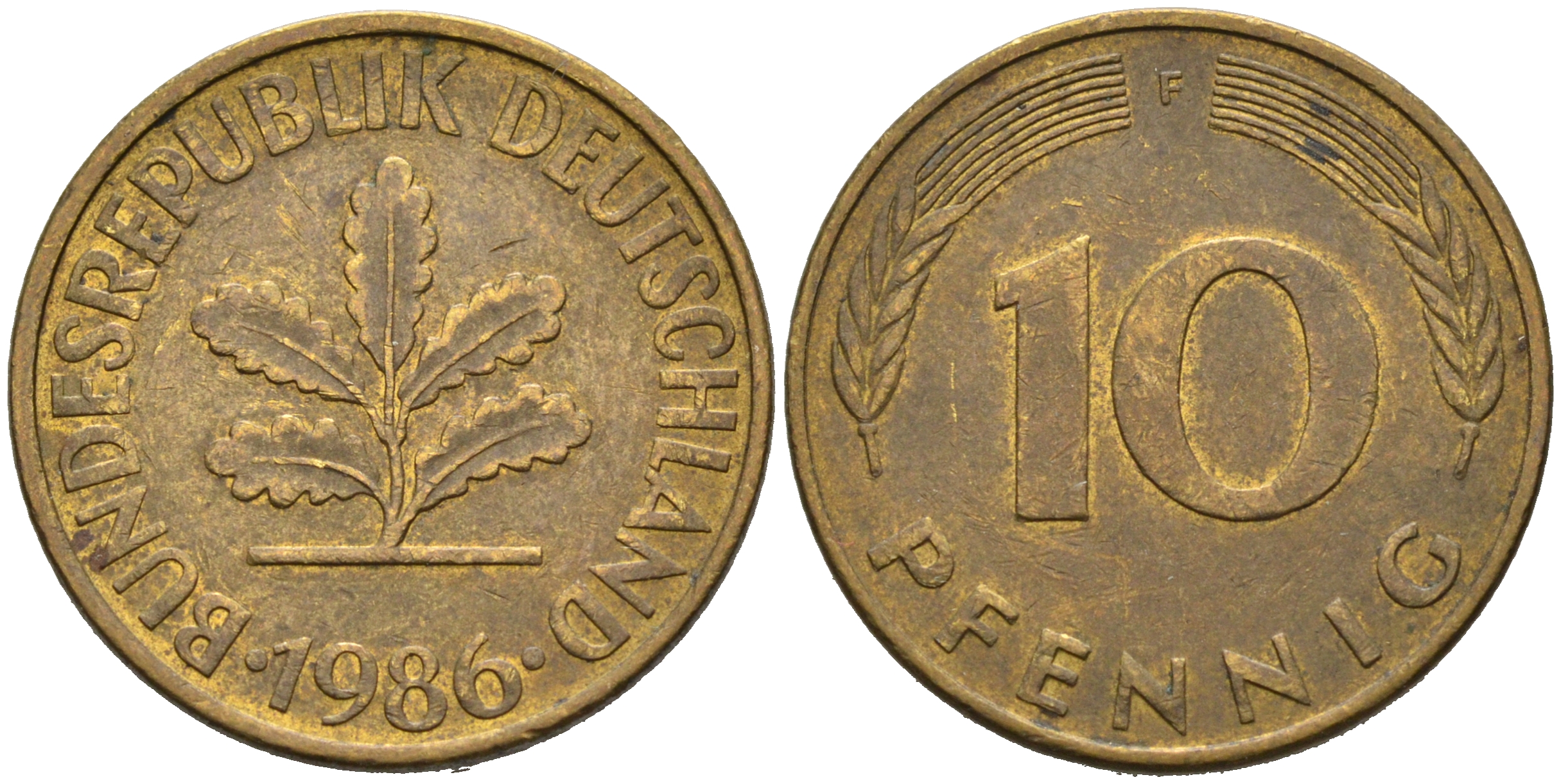 ФРГ 10 ПФЕННИГОВ 1986 F KM 108, J.383 сталь плакированная латунью 75-654