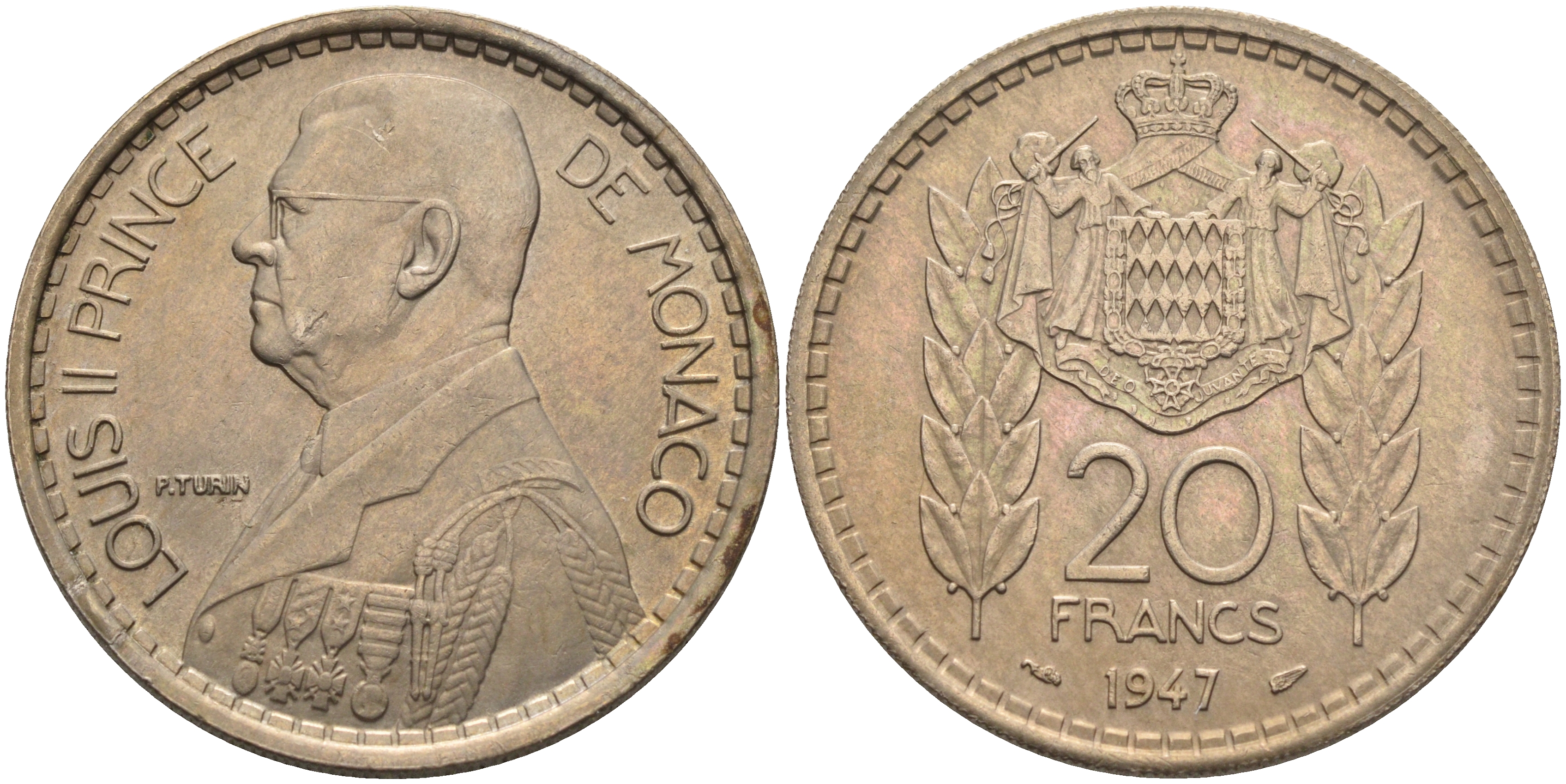 Монако 20 франков 1947 Луи II (1922-1949) KM 124 медно-никель    4140-1131