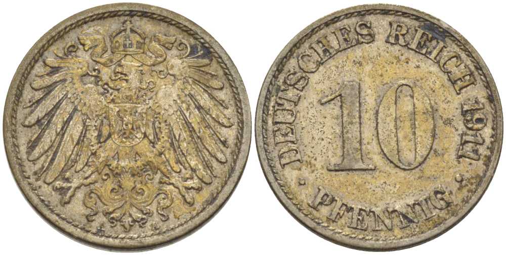 ГЕРМАНИЯ 10 ПФЕННИГОВ 1911 A KM 12, J. 13, Weege 8 медно-никель 212-134