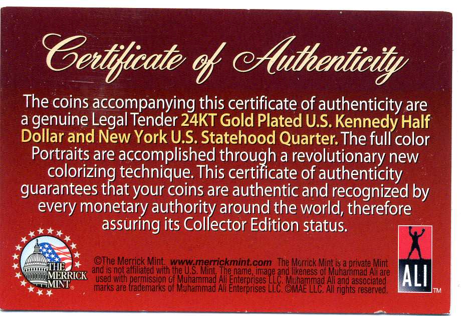 США набор из двух монет посвящённых Мухаммеду Али 1/2 доллара Кеннеди и 25 центов Нью-Йорк, с сертификатом в коробке, позолота, цветная эмаль медь плакированная медно-никелем UNC 3-4-1-8